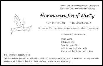 Anzeige von InHermann Josef Wirtz von Kölner Stadt-Anzeiger / Kölnische Rundschau / Express