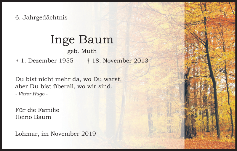  Traueranzeige für Inge Baum vom 18.11.2019 aus Kölner Stadt-Anzeiger / Kölnische Rundschau / Express