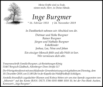 Anzeige von Inge Burgmer von Kölner Stadt-Anzeiger / Kölnische Rundschau / Express
