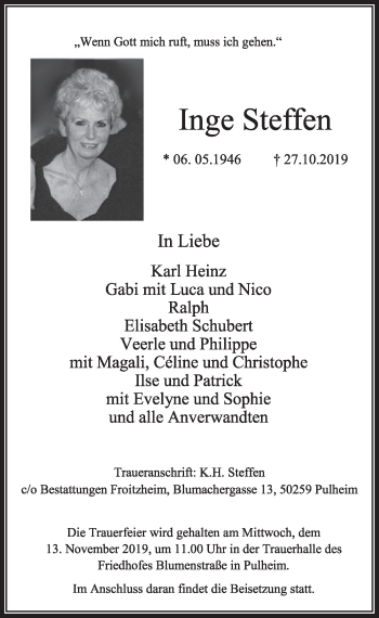 Anzeige von Inge Steffen von  Sonntags-Post 