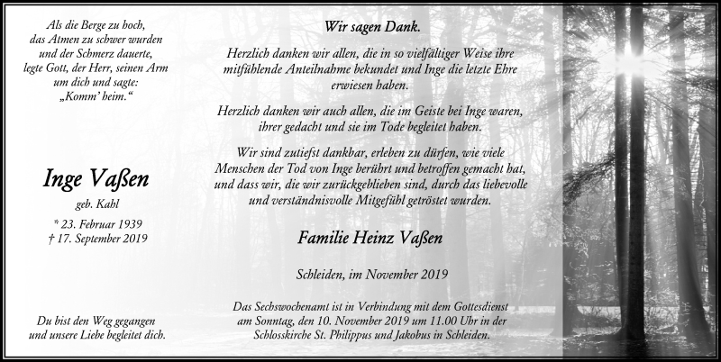  Traueranzeige für Inge Vaßen vom 02.11.2019 aus Kölner Stadt-Anzeiger / Kölnische Rundschau / Express