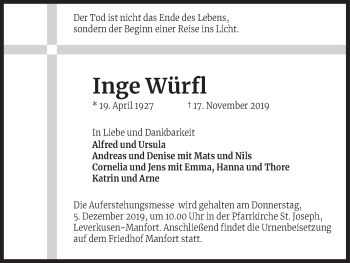 Anzeige von Inge Würfl von Kölner Stadt-Anzeiger / Kölnische Rundschau / Express