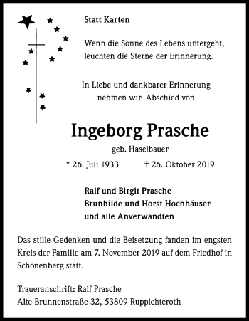 Anzeige von Ingeborg Prasche von Kölner Stadt-Anzeiger / Kölnische Rundschau / Express
