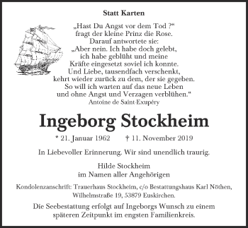 Anzeige von Ingeborg Stockheim von  Blickpunkt Euskirchen 