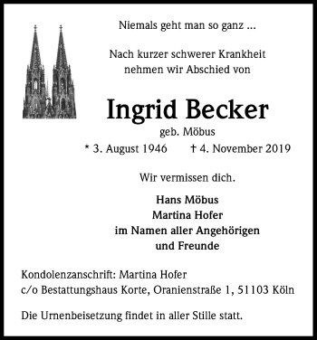 Anzeige von Ingrid Becker von Kölner Stadt-Anzeiger / Kölnische Rundschau / Express