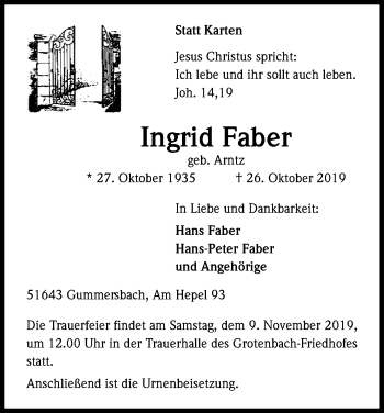 Anzeige von Ingrid Faber von Kölner Stadt-Anzeiger / Kölnische Rundschau / Express