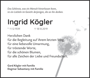Anzeige von Ingrid Kögler von  Kölner Wochenspiegel 