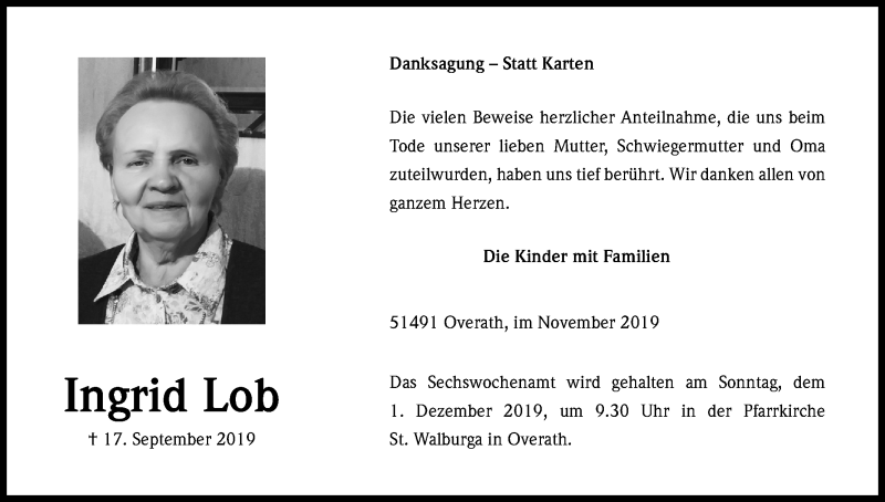  Traueranzeige für Ingrid Lob vom 27.11.2019 aus Kölner Stadt-Anzeiger / Kölnische Rundschau / Express