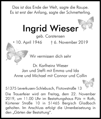 Anzeige von Ingrid Wieser von Kölner Stadt-Anzeiger / Kölnische Rundschau / Express