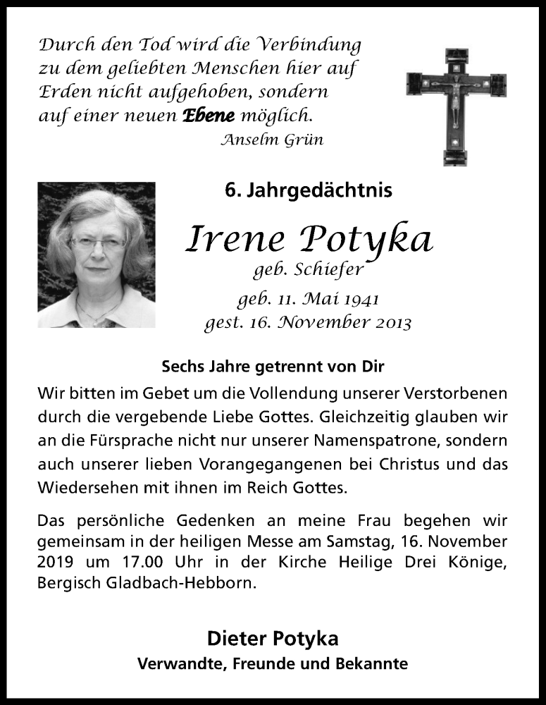  Traueranzeige für Irene Potyka vom 09.11.2019 aus Kölner Stadt-Anzeiger / Kölnische Rundschau / Express