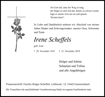 Anzeige von Irene Scheffels von Kölner Stadt-Anzeiger / Kölnische Rundschau / Express