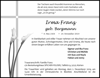 Anzeige von Irma Franz von Kölner Stadt-Anzeiger / Kölnische Rundschau / Express
