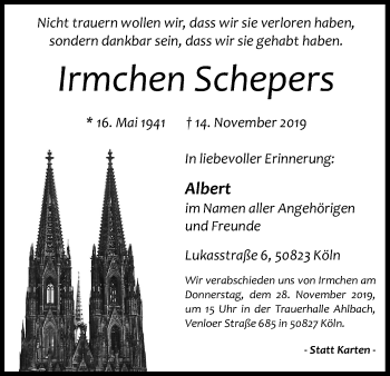 Anzeige von Irmchen Schepers von Kölner Stadt-Anzeiger / Kölnische Rundschau / Express