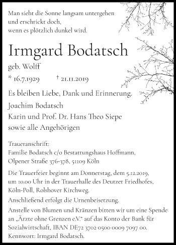 Anzeige von Irmgard Bodatsch von Kölner Stadt-Anzeiger / Kölnische Rundschau / Express