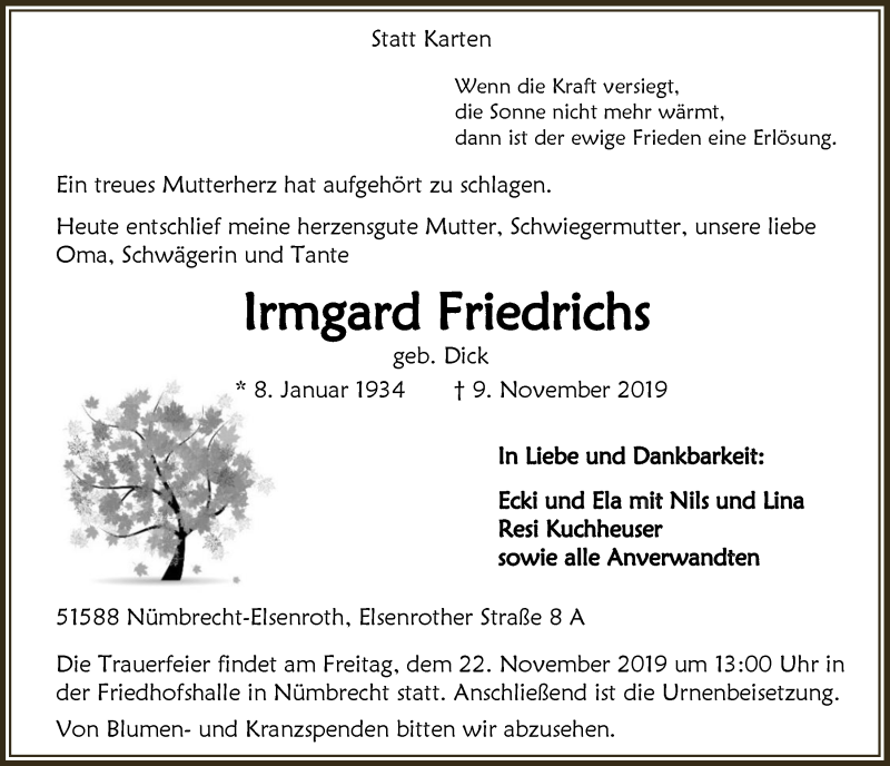  Traueranzeige für Irmgard Friedrichs vom 20.11.2019 aus  Lokalanzeiger 