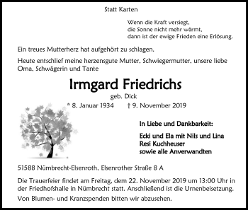 Anzeige von Irmgard Friedrichs von Kölner Stadt-Anzeiger / Kölnische Rundschau / Express