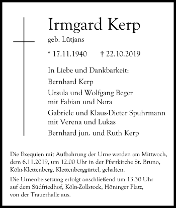 Anzeige von Irmgard Kerp von Kölner Stadt-Anzeiger / Kölnische Rundschau / Express
