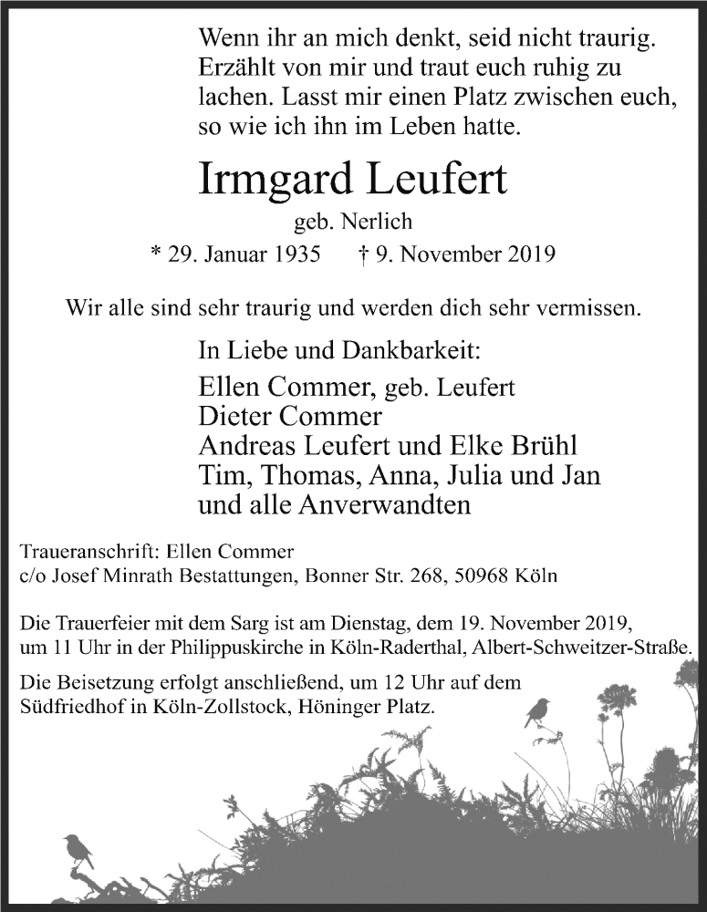  Traueranzeige für Irmgard Leufert vom 16.11.2019 aus Kölner Stadt-Anzeiger / Kölnische Rundschau / Express