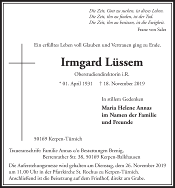 Anzeige von Irmgard Lüssem von  Sonntags-Post 