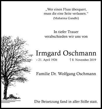 Anzeige von Irmgard Oschmann von Kölner Stadt-Anzeiger / Kölnische Rundschau / Express