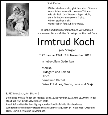 Anzeige von Irmtrud Koch von Kölner Stadt-Anzeiger / Kölnische Rundschau / Express