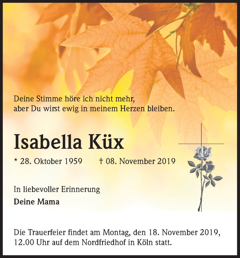  Traueranzeige für Isabella Küx vom 13.11.2019 aus Kölner Stadt-Anzeiger / Kölnische Rundschau / Express