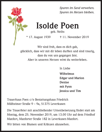 Anzeige von Isolde Poen von Kölner Stadt-Anzeiger / Kölnische Rundschau / Express