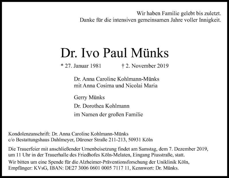  Traueranzeige für Ivo Paul Münks vom 30.11.2019 aus Kölner Stadt-Anzeiger / Kölnische Rundschau / Express