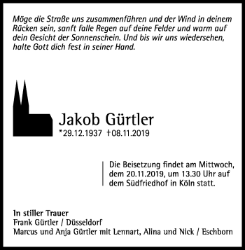 Anzeige von Jakob Gürtler von Kölner Stadt-Anzeiger / Kölnische Rundschau / Express