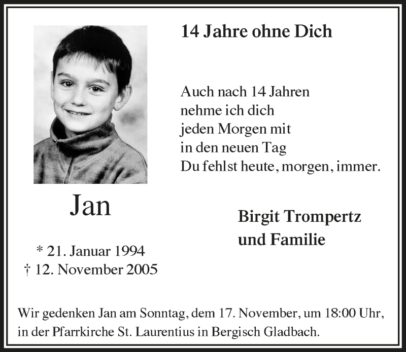  Traueranzeige für Jan  vom 18.07.2023 aus  Bergisches Handelsblatt 