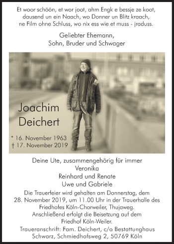 Anzeige von Joachim Deichert von Kölner Stadt-Anzeiger / Kölnische Rundschau / Express