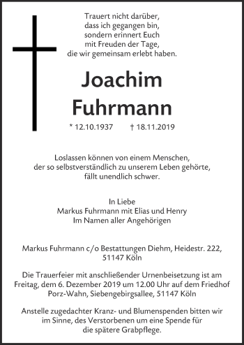 Anzeige von Joachim Fuhrmann von  Kölner Wochenspiegel 