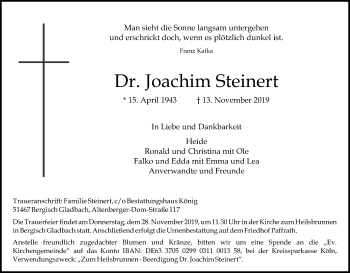 Anzeige von Joachim Steinert von Kölner Stadt-Anzeiger / Kölnische Rundschau / Express