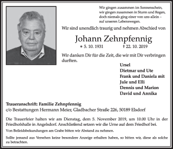 Anzeige von Johann Zehnpfennig von  Sonntags-Post 