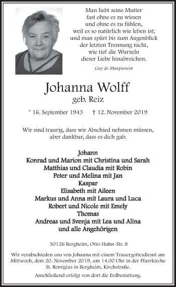 Anzeige von Johanna Wolff von  Sonntags-Post 