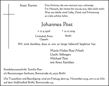 Anzeige von Johannes Post von  Schlossbote/Werbekurier 