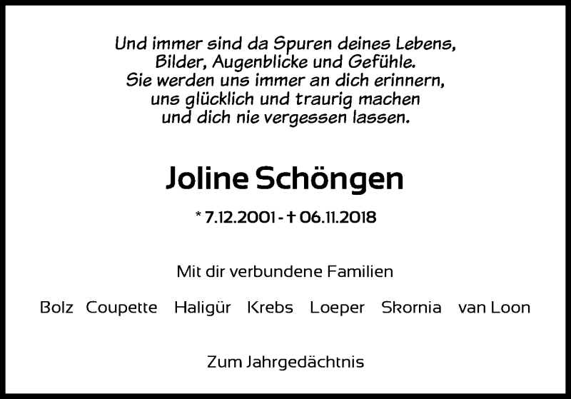  Traueranzeige für Joline Schöngen vom 06.11.2019 aus Kölner Stadt-Anzeiger / Kölnische Rundschau / Express