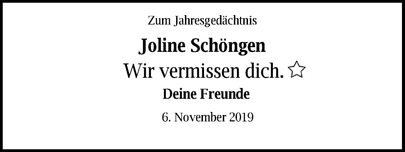  Traueranzeige für Joline Schöngen vom 06.11.2019 aus Kölner Stadt-Anzeiger / Kölnische Rundschau / Express