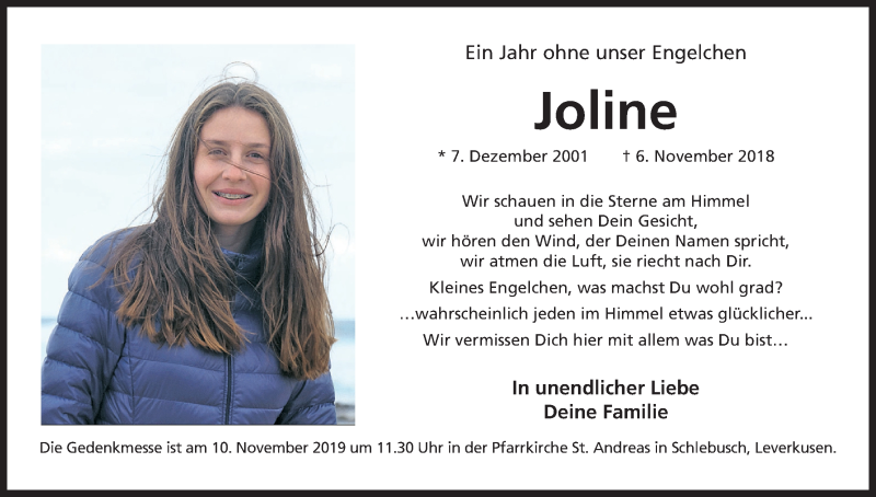  Traueranzeige für Joline Schöngen vom 06.11.2019 aus Kölner Stadt-Anzeiger / Kölnische Rundschau / Express