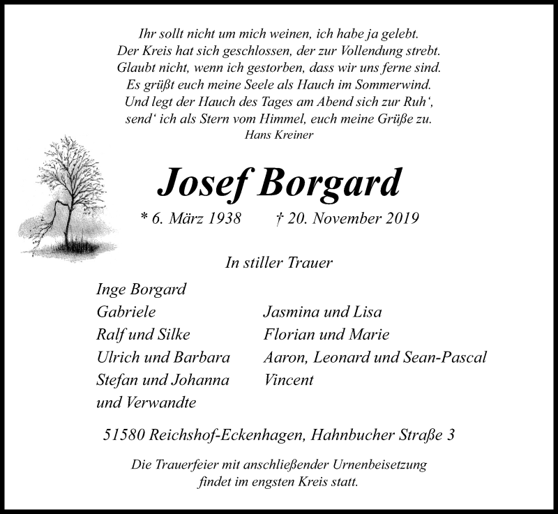 Traueranzeige für Josef Borgard vom 27.11.2019 aus Kölner Stadt-Anzeiger / Kölnische Rundschau / Express