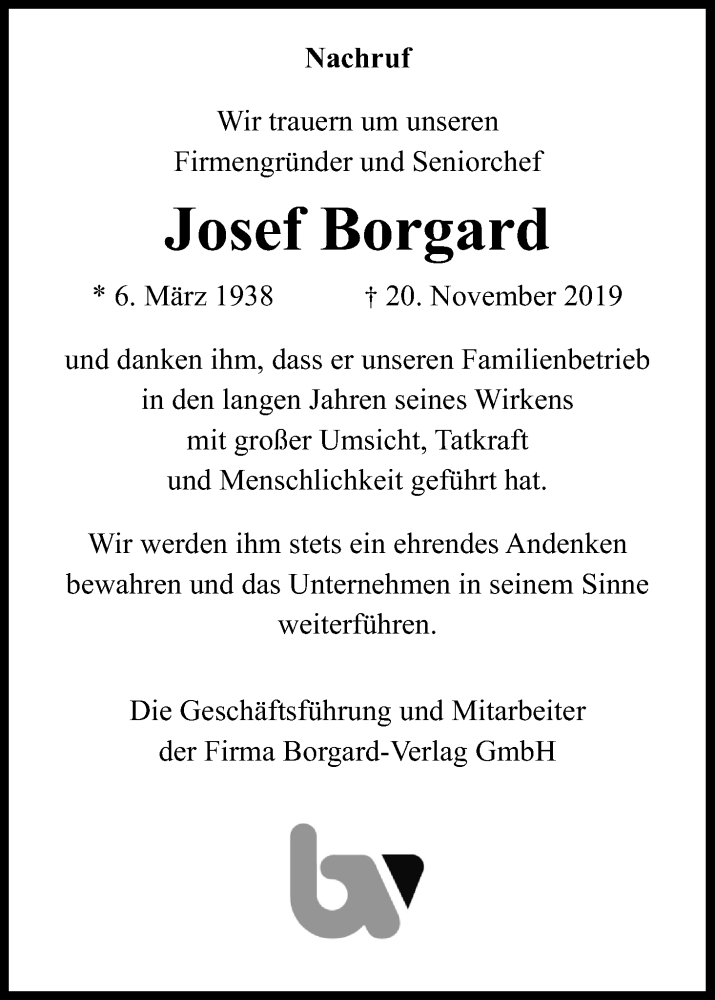  Traueranzeige für Josef Borgard vom 27.11.2019 aus Kölner Stadt-Anzeiger / Kölnische Rundschau / Express