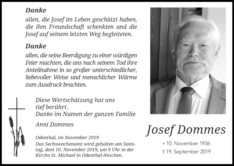  Traueranzeige für Josef Dommes vom 02.11.2019 aus Kölner Stadt-Anzeiger / Kölnische Rundschau / Express