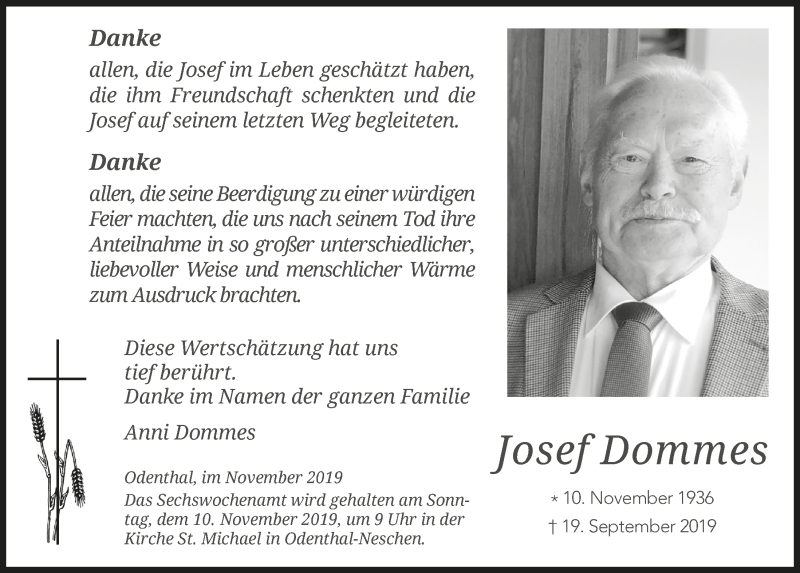  Traueranzeige für Josef Dommes vom 06.11.2019 aus  Bergisches Handelsblatt 
