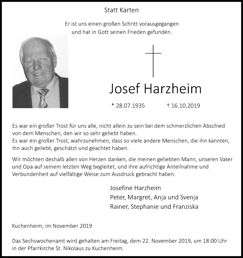  Traueranzeige für Josef Harzheim vom 16.11.2019 aus Kölner Stadt-Anzeiger / Kölnische Rundschau / Express