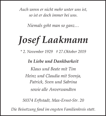 Anzeige von Josef Laakmann von  Wochenende 