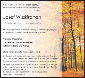 Anzeige von Josef Wisskirchen von Kölner Stadt-Anzeiger / Kölnische Rundschau / Express