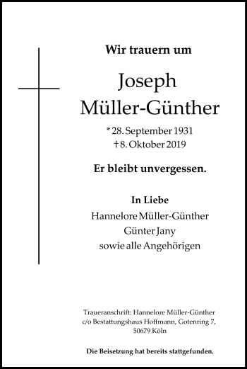 Anzeige von Joseph Müller-Günther von Kölner Stadt-Anzeiger / Kölnische Rundschau / Express