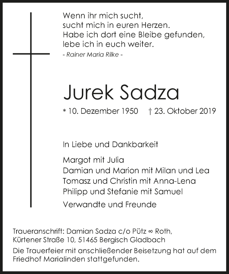  Traueranzeige für Jurek Sadza vom 06.11.2019 aus  Bergisches Handelsblatt 
