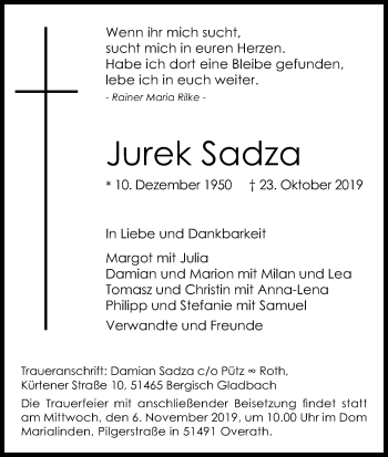 Anzeige von Jurek Sadza von Kölner Stadt-Anzeiger / Kölnische Rundschau / Express