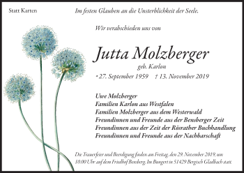 Anzeige von Jutta Molzberger von Kölner Stadt-Anzeiger / Kölnische Rundschau / Express